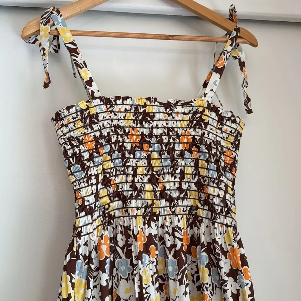 Tory Burch Reverie Smocked Shoulder Tie Brown Floral Print Summer Maxi Dress L